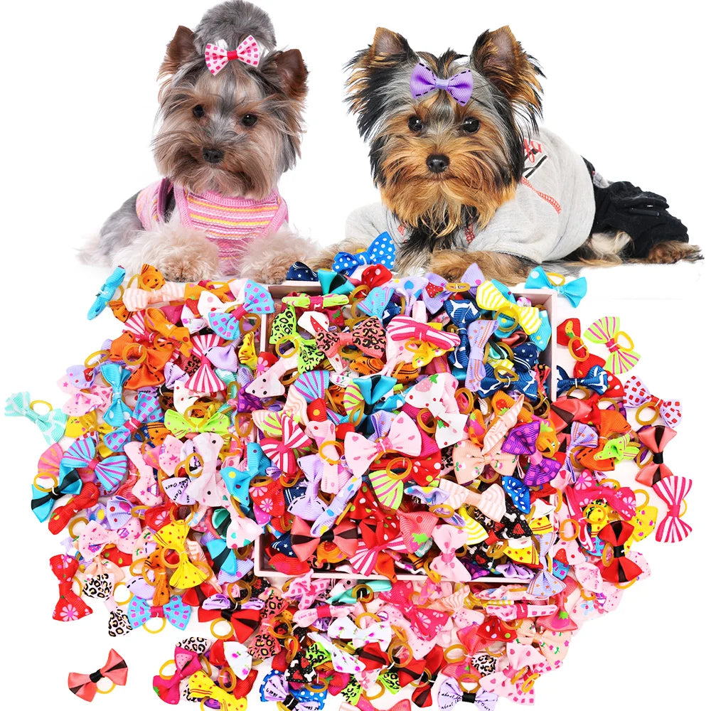 30PCS Dog Bow With Rubber Band Dog Hair Accessories Handmade Movable