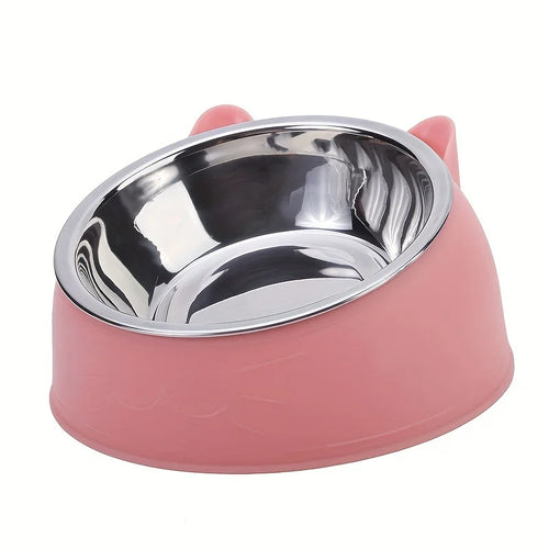 2 In 1 Stainless Steel Cat Bowl With Holder - Cute Ear Design Inclined