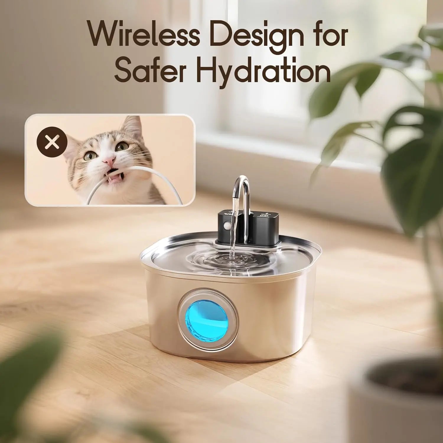3L Stainless Steel Wireless Recharging Sensor Cat Water Fountain Auto