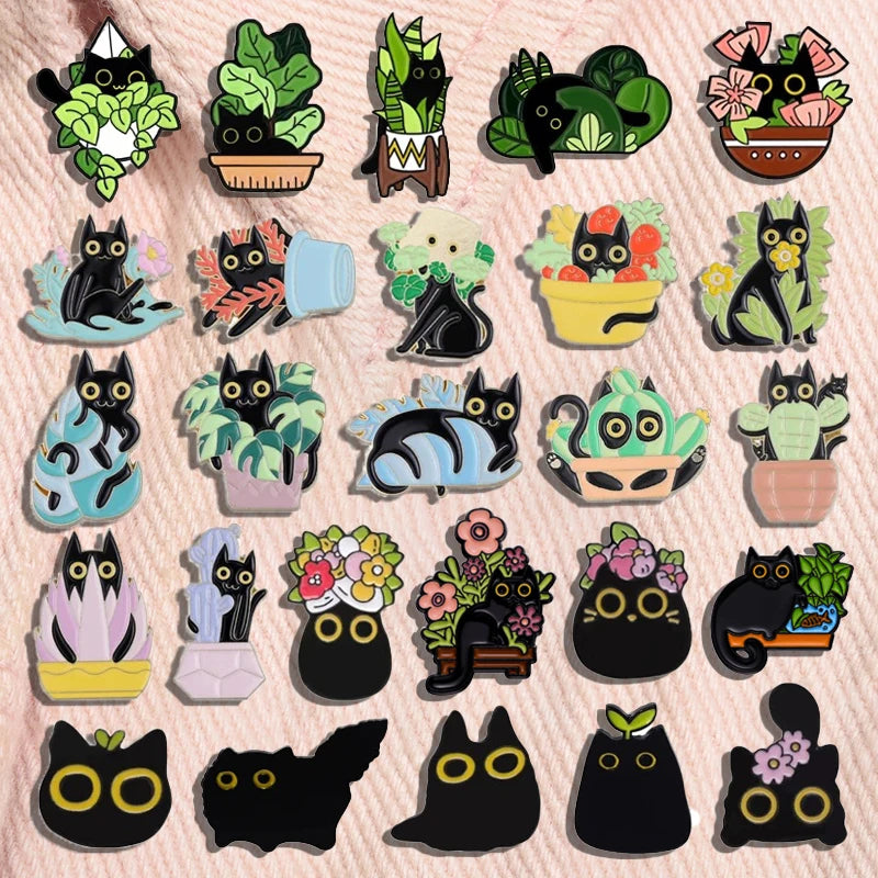 Cartoon Black Cats Plant Potted Enamel Pins Cute Flower Grass Kitten