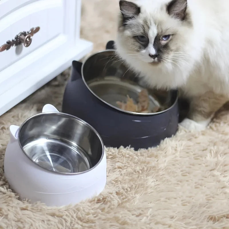 2 In 1 Stainless Steel Cat Bowl With Holder - Cute Ear Design Inclined