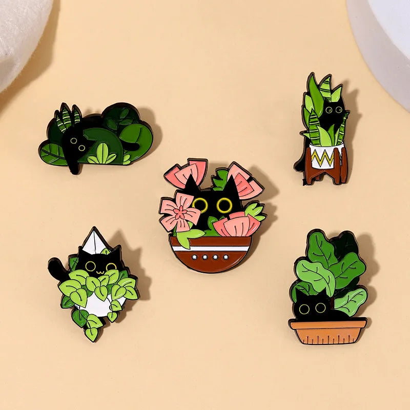 Cartoon Black Cats Plant Potted Enamel Pins Cute Flower Grass Kitten