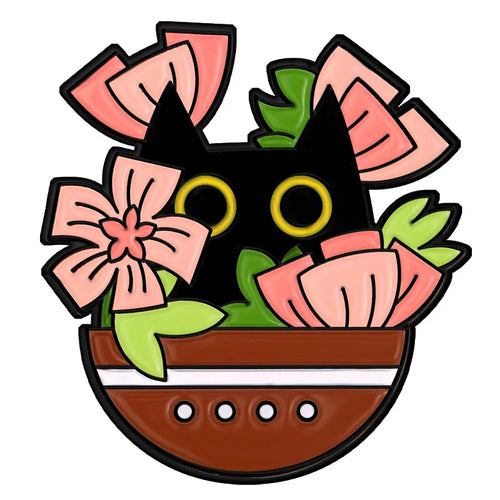 Cartoon Black Cats Plant Potted Enamel Pins Cute Flower Grass Kitten