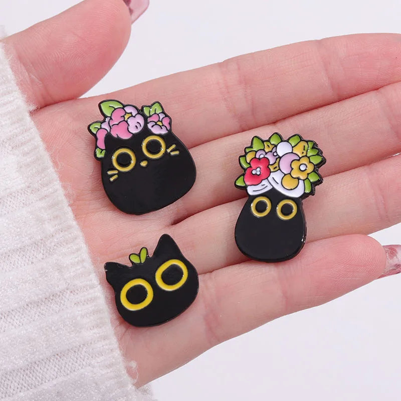 Cartoon Black Cats Plant Potted Enamel Pins Cute Flower Grass Kitten