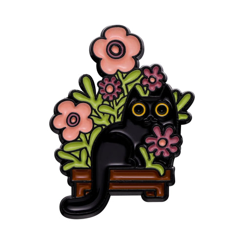 Cartoon Black Cats Plant Potted Enamel Pins Cute Flower Grass Kitten