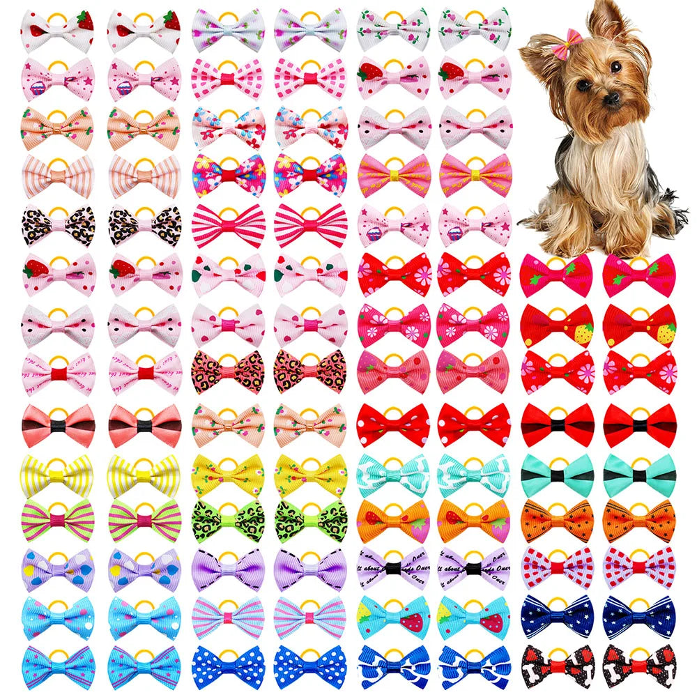 30PCS Dog Bow With Rubber Band Dog Hair Accessories Handmade Movable