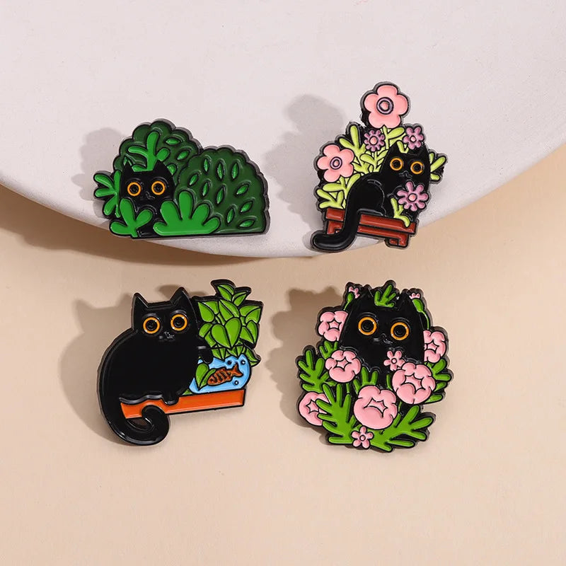 Cartoon Black Cats Plant Potted Enamel Pins Cute Flower Grass Kitten