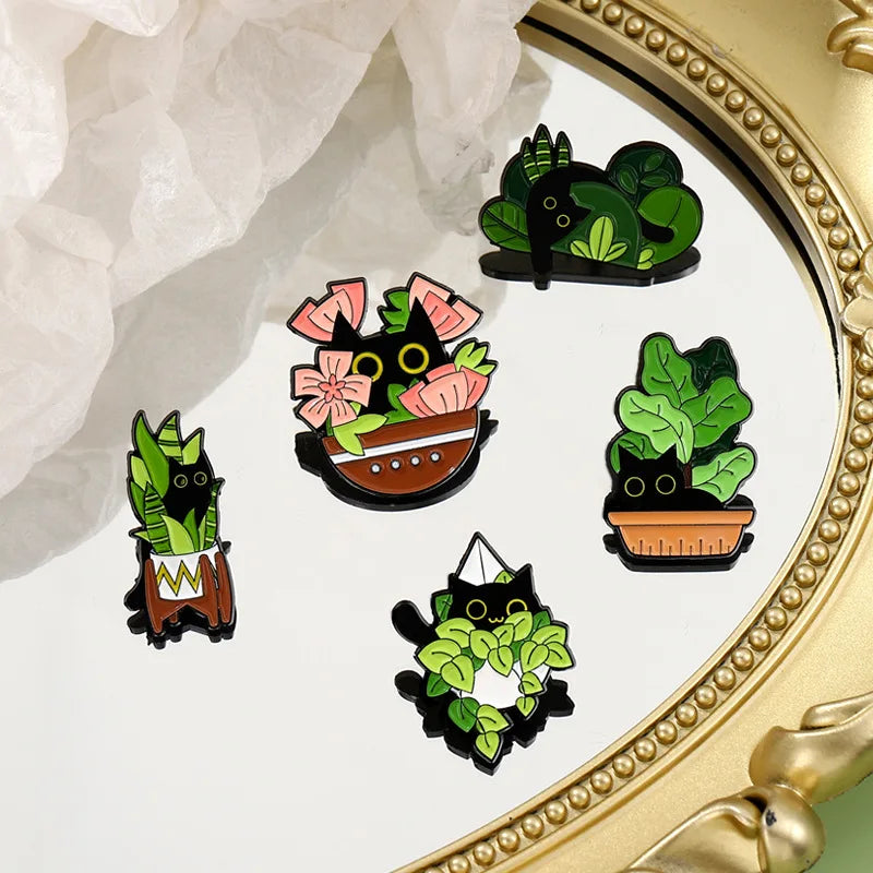 Cartoon Black Cats Plant Potted Enamel Pins Cute Flower Grass Kitten