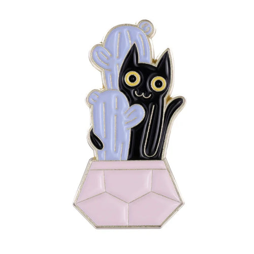 Cartoon Black Cats Plant Potted Enamel Pins Cute Flower Grass Kitten