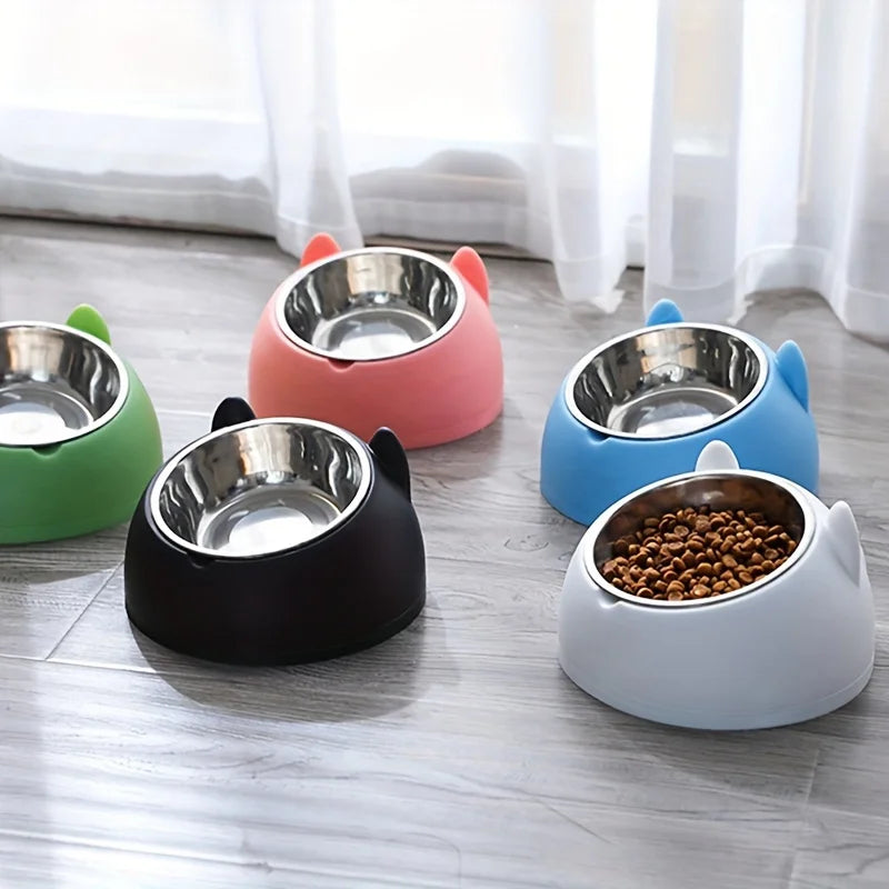 2 In 1 Stainless Steel Cat Bowl With Holder - Cute Ear Design Inclined