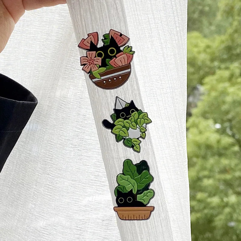 Cartoon Black Cats Plant Potted Enamel Pins Cute Flower Grass Kitten
