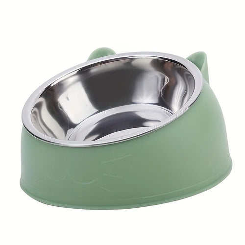 2 In 1 Stainless Steel Cat Bowl With Holder - Cute Ear Design Inclined